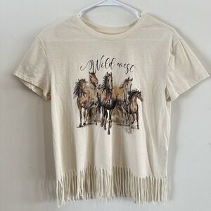 Girls Shyanne Cream Wild West Horses Fringe Short Sleeve Shirt XL Cotton Rodeo